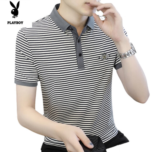 Playboy (Playboy) gestreiftes kurzärmeliges T-Shirt für Männer im Sommer New Mercerized Cotton Casual Slim Revers halbärmelig T-Shirt Polo Shirt Top für Männer weiß [6627] M [90-110jin [Jin gleich 0,5 kg]]