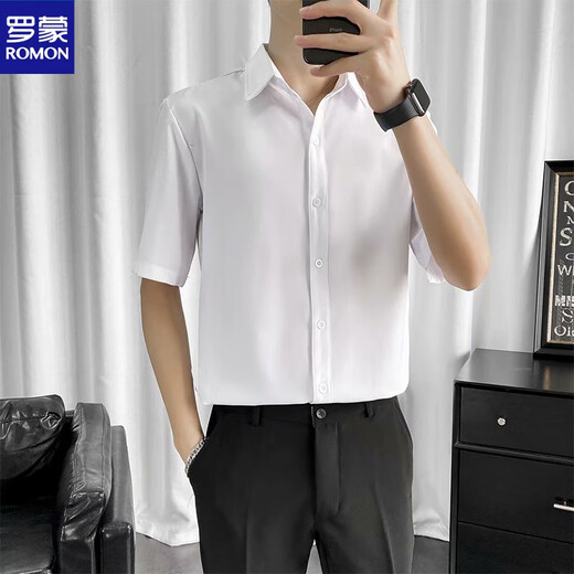 罗蒙（ROMON）白衬衫男短袖休闲毕业照衬衣西裤套装面试正装韩版商务职业大学生 白色衬衫+黑色九分西裤 2XL 140-155斤左右
