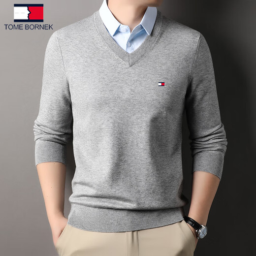 TOME BORNEK American Tommy Autumn and Winter Cardigan Men's Fake Two-Piece V-neck Sweater Warm Thickened Business Shirt Sweater Navy XL 115 (recommended 140-160Jin Jin equals 0.5 kg)