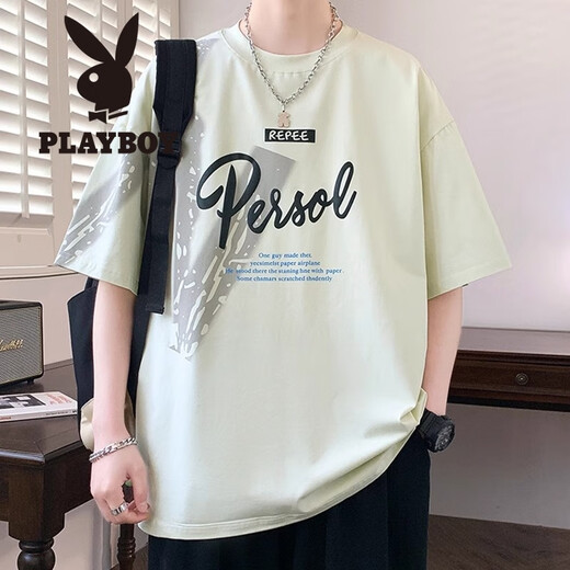 花花公子（PLAYBOY）短袖男夏季潮牌字母印花圆领半袖体恤美式休闲男士落肩袖宽松T恤 693黑色 M (约80~105斤可穿)