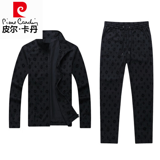 皮尔卡丹（pierre cardin）春秋新款高端品牌夹克套装男士青年休闲运动套装男潮流外套衣服 6629-黑色 2XL 180