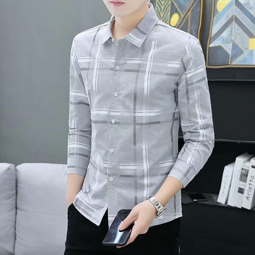Pei Shiyan 2025 new spring and summer shirt men's long-sleeved plaid slim casual shirt formal men's shirt trendy men's khaki 9922 khaki S (high) quality (70-85Jin Jin is equal to about 0.5 kg)