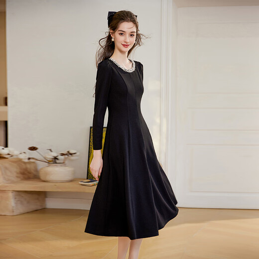 Bailuyu Spring and Autumn Round Neck Contrast Color Bead Chain Little Black Dress Retro Slim Midi Long Sleeve Dress Black XL