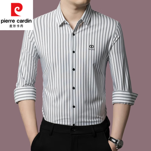 皮尔卡丹（pierre cardin）长袖衬衫男条纹桑蚕丝新款春秋中年商务休闲大码免烫衬衣T恤上衣 9928黑色【长】 L 170建议120-135斤