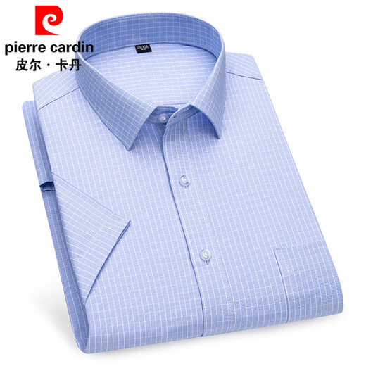 皮尔卡丹（pierre cardin）短袖衬衫男夏季薄款商务休闲格子条纹寸衫中年爸爸带口袋白色衬衣 DX6626 39