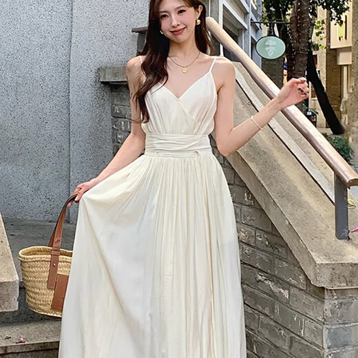 Miao Yijia white dress women's skirt summer 2025 new high-end French dress seaside vacation style beach long skirt French retro V-neck suspender dress M [Suggested 110-125Jin [Jin equals 0.5 kg]]