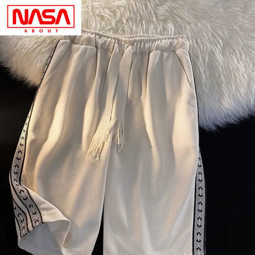 NASA ABOUT webbing drawstring shorts for men and women for summer thin loose sports five-point pants Hong Kong style casual mid-sized pants off-white double webbing shorts K1048 S (70-90Jin [Jin equals 0.5 kg])