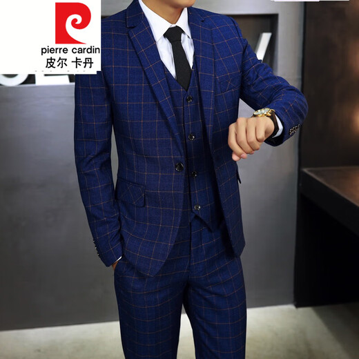 Pierre Cardin Men's Korean Slim Suit Three-piece Groom Wedding Dress Formal Casual Plaid Small Suit Plaid Blue Two-piece Set (Top and Pants) Free Belt 4XL 35 (155-162Jin Jin is equal to 0.5kg)