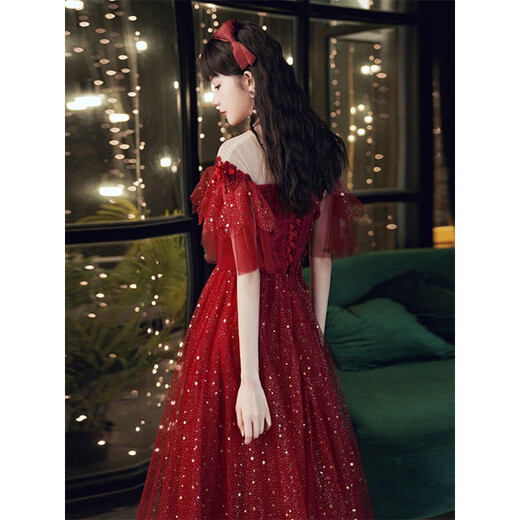 Chuangjingyi selects girls' coming-of-age ceremony red dress and toasting suit for the bride, burgundy fugitive princess gauze skirt, French engagement wedding, burgundy maternity model XL