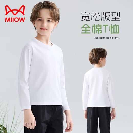 Catman children's T-shirt for boys and girls, autumn and winter round neck pure cotton white T-shirt for medium and large children, casual and versatile long sleeves