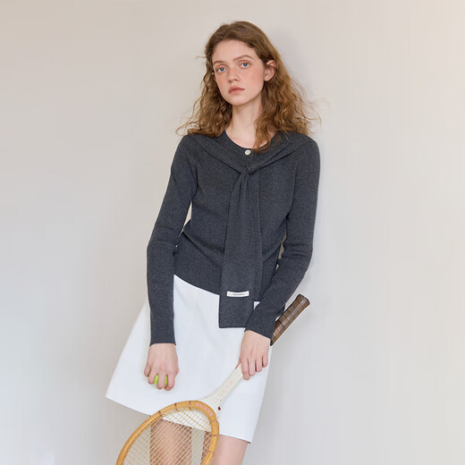
Fan Silann fake two-piece knitted shawl knitted cardigan for women in spring 2025 new commuter versatile sweater 1342 dark gray M