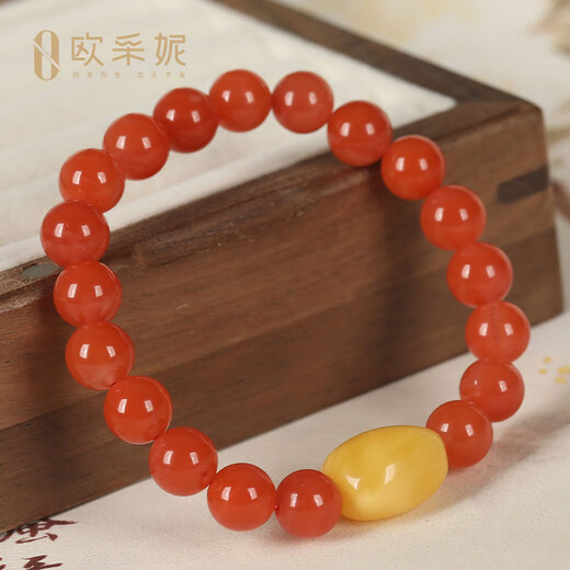 OUCERNY Yangliu Nan Red Agate Bracelet Buddha Bead Full Flesh Persimmon Red Duobao Bracelet for Men and Women with Styled Beeswax Pendant
