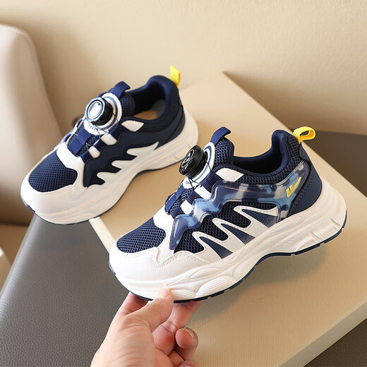 Warrior children's running shoes knob button dad shoes mid-to-big children's casual shoes WZ(CL)-1105 dark blue and white 37