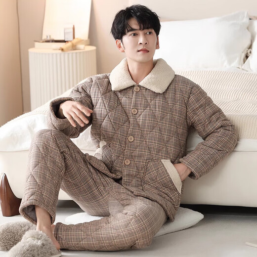 莫代尔睡衣男士冬季三层加厚加绒纯棉夹棉秋冬保暖冬天家居服套装 3886 2XL (180码)建议穿着体重160-18
