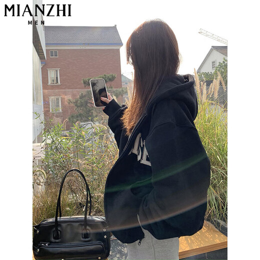 棉致重磅连帽卫衣女春秋冬季新款美式宽松韩版加绒山东即墨开衫外套 844深灰色【常规高品质31.5】 M 90-100斤