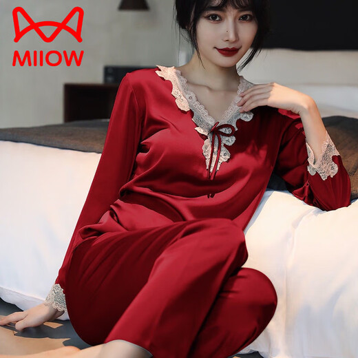 猫人（MiiOW）睡衣女夏季长袖长裤冰/丝两件套家居服性感丝绸真丝女士可爱套装 长 袖9856大红套 L 【100-115斤】