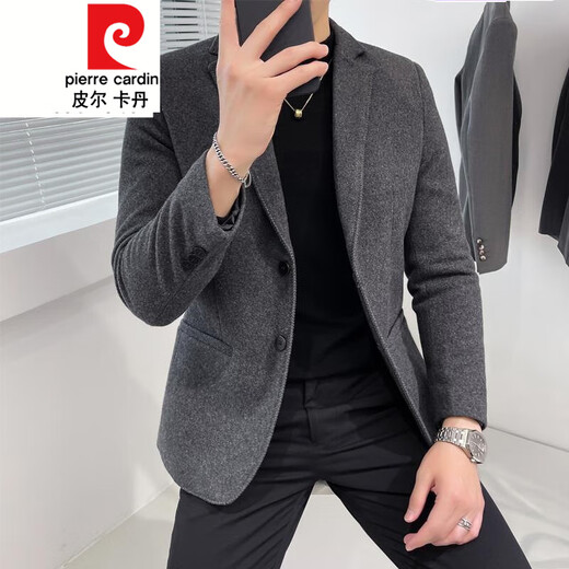 皮尔卡丹（pierre cardin）秋冬毛呢西装男外套短款韩版修身休闲西服领毛呢大衣男 X829双排扣西装 黑色 S 建议80-95斤