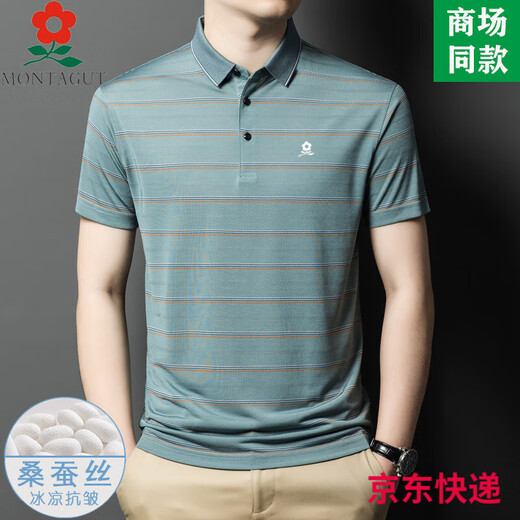 梦特娇男士桑蚕丝短袖t恤夏季中年爸爸装休闲条纹凉感翻领polo衫 A829-红色 M 165适合100-115斤