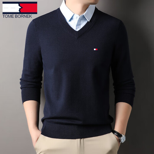 TOME BORNEK American Tommy Autumn and Winter Cardigan Men's Fake Two-Piece V-neck Sweater Warm Thickened Business Shirt Sweater Navy XL 115 (recommended 140-160Jin Jin equals 0.5 kg)