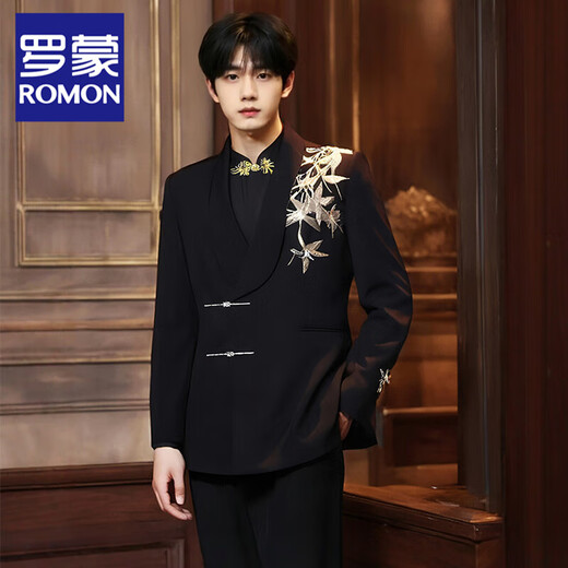 ROMON New Chinese style Chinese tunic suit with golden bamboo embroidery suit for men, green fruit collar, high-end, loose, small suit jacket, black suit + pants + gold embroidered black shirt XL