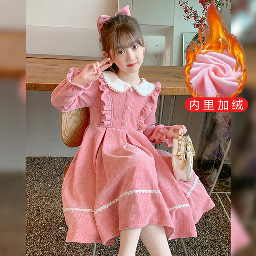 Annie Youer Girls Autumn and Winter Dress 2025 Western Style Children's Clothing Girls Princess Dress Children's Skirt Pink Velvet 100