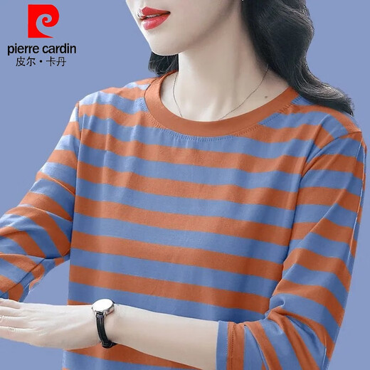 Pierre cardin mother dress fashionable striped long-sleeved T-shirt for women's base shirt in autumn new loose outer belly cover pure cotton top #Trendy striped blue gray-833# M Recommended 90-105Jin [Jin equals 0.5 kg]-card code to take a big shot