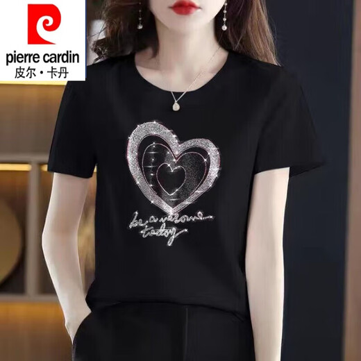 皮尔卡丹（pierre cardin）纯棉短袖t恤女大1码夏装新款时尚烫钻圆领半袖上衣黑色镶钻打底衫 圆领-连环爱心钻-黑色短袖 3524 M 适合80-90斤