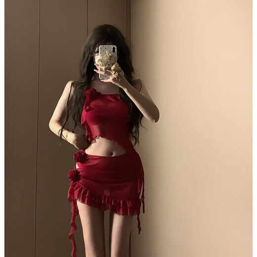 Yusiyi 2025 new seaside swimsuit women's bikini sexy outer wear fashion hot spring beach conservative Hong Kong style red Hong Kong style red four-piece set L