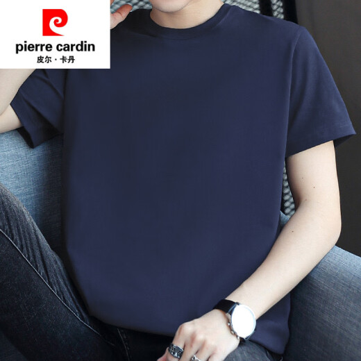 Pierre Cardin 100% reines Baumwoll-T-Shirt für Herren-Basishemd Hemd kurzärmelig lose runde Hals Langer Samt-Baumwoll-Farbfarbe T-Shirt zum halben Ärmeln Vatertag Geschenk