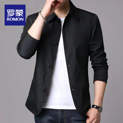 罗蒙（ROMON）春秋季男士商务休闲夹克西装中青年纯色翻领薄款韩版修身风衣外套 浅灰色1048 M 【建议98-118斤】
