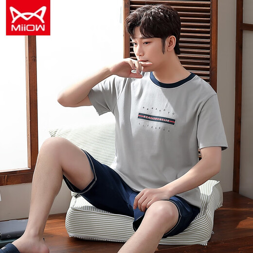 
Catman MIIOW new pure cotton pajamas for men in summer thin short-sleeved cotton can be worn on the outside with large size green home clothes YSH844 XL [130-150Jin [Jin equals 0.5 kg]]