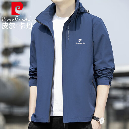 Pierre cardin jacket men's spring and autumn jacket casual windproof hat simple loose top black 2XL