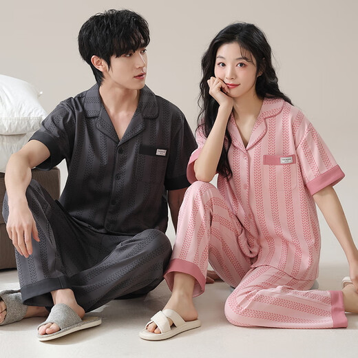 浪莎情侣春夏季新款新疆棉短袖长裤睡衣家居服简约休闲 YZ9737 M 女(80-100斤)