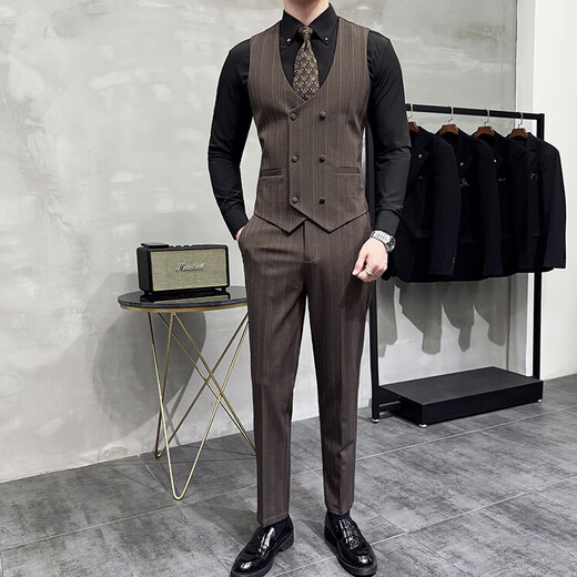 Jason men's double-breasted striped suit suit groom wedding dress business casual work interview suit three-piece suit dark brown (suit + pants) M (95-110Jin Jin equals 0.5 kg)