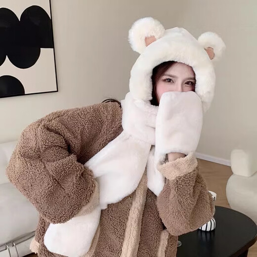 viney冬季围巾女保暖加厚帽子手套三件套围脖生日情人节礼物送女友老婆 【米色礼盒装】护耳包头帽子 均码
