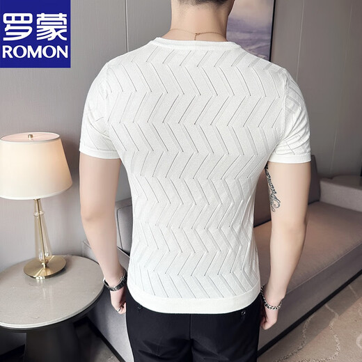 罗蒙（ROMON）夏季男士高级短袖t恤2025新款镂空针织圆领修身弹力透气体恤上衣 9759灰色 (菱形格款) XL 125-135斤