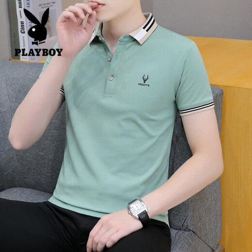 花花公子（PLAYBOY）短袖t恤男夏季清凉冰丝高端简约休闲薄款翻领商务纯棉刺绣polo衫 纯浅蓝 686款 L 100-125斤