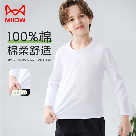 Catman children's T-shirt for boys and girls, autumn and winter round neck pure cotton white T-shirt for medium and large children, casual and versatile long sleeves