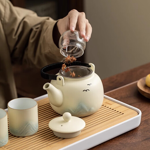 Jinpan Ceramic Kung Fu Tea Set Chinese-style large-capacity lifting beam household high-end teacup tea tray complete set teapot tea set one pot six cups + tea tray