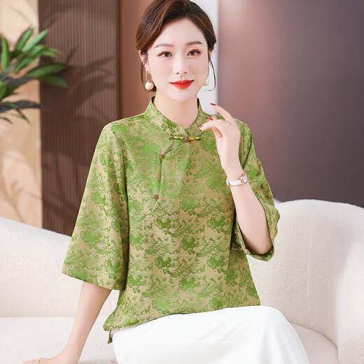 ROAR UTHAUG新中式妈妈上衣洋气小衫2025夏季新款中老年国风气质宽松T恤女 9902绿色 XL 建议90-110斤