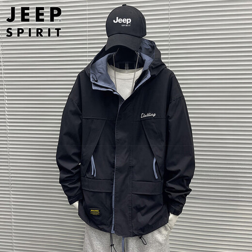 JEEP SPIRIT Jeep Jacket Men's Hooded Autumn and Winter Jacket Men's Casual Men's Trendy Work Clothing Tops Dark Gray XL