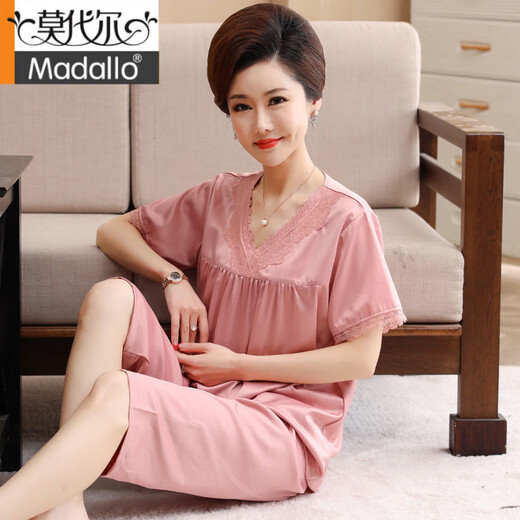 莫代尔冰丝睡衣女夏季妈妈短袖五分裤套装中老年大码家居服仿真丝 826 3XL 建议155-175斤