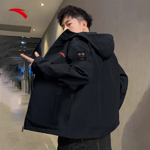 安踏（ANTA）防泼水运动外套男士秋冬季环保遮阳易打理通勤连帽训练夹克风衣 【防泼水-经典百搭】基础黑-6 XL