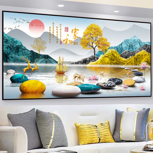 客厅装饰画自粘贴画沙发背景墙3D立体山水画墙贴墙纸挂画壁画贴纸 家和万事兴-TH-1369 自带背胶 6号:宽200厘米*高100厘米