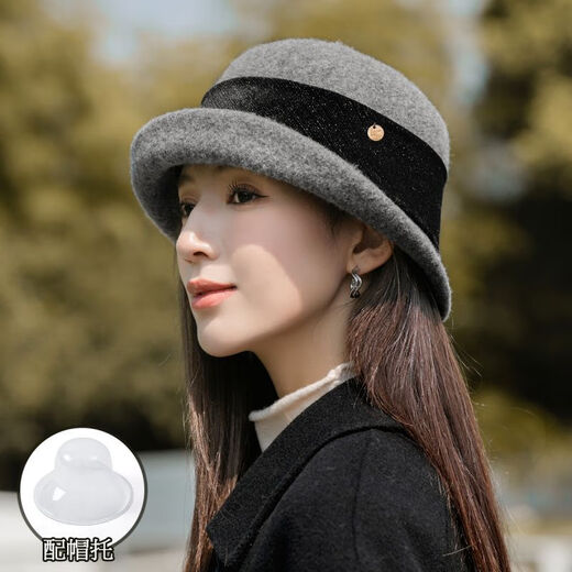 恒源祥英伦复古卷檐礼帽女2024年新款秋冬季羊毛呢中老年渔夫盆帽子 米色 均码(可调节)