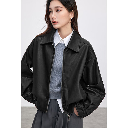 Shangdubila City Pendler PU Leder Kleidung Frauen Frühling Lose Slim Jacket Revers Lose Lokomotive Jacke Schwarz L.