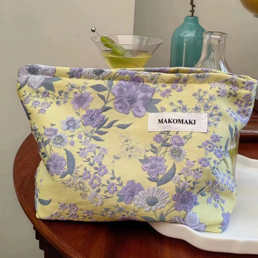 025 new yellow background purple flower niche cosmetic bag portable skin care product collection yellow background purple flower cosmetic bag