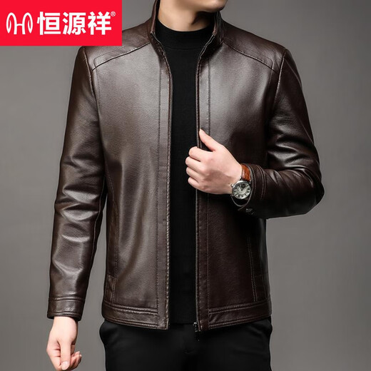 恒源祥高端男装春秋软皮皮衣中年男士商务休闲翻领夹克外套爸爸装上衣 黑 1755 春秋款 翻领  常规 M 170 100-120斤