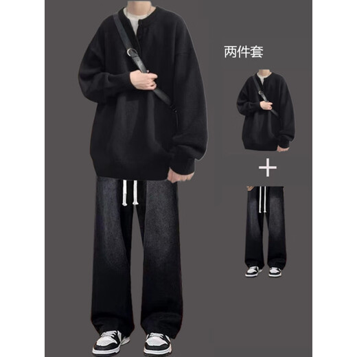
VZVG design sense sweater trendy spring and winter two-piece set for men's outfit a set of handsome student teenagers casual suit a[2-piece] 5009 sweater light gray + 7013 cow 3XL