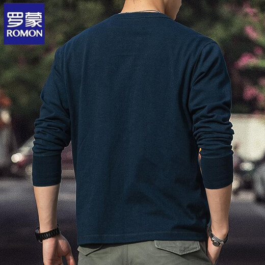Romon American Retro Henry Shirt Langarmed T-Shirt Herren Spring 2025 250 g reines Baumwollseiten-Nahtloses Henry Kragen Basishemd Denim Blue [250g reines Baumwoll] M Referenz 125-140jin [Jin gleich 0,5 kg]